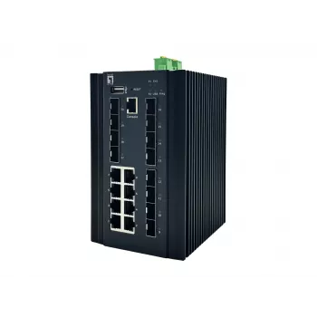 LevelOne IGX-2072 20 prievadų L2+ valdomas pramoninis jungiklis, 8 x 1GbE RJ45, 8 x 1GbE SFP, 4 x 1/2.5/10GbE SFP+, DIN bėgelis, -40°C iki 80°C