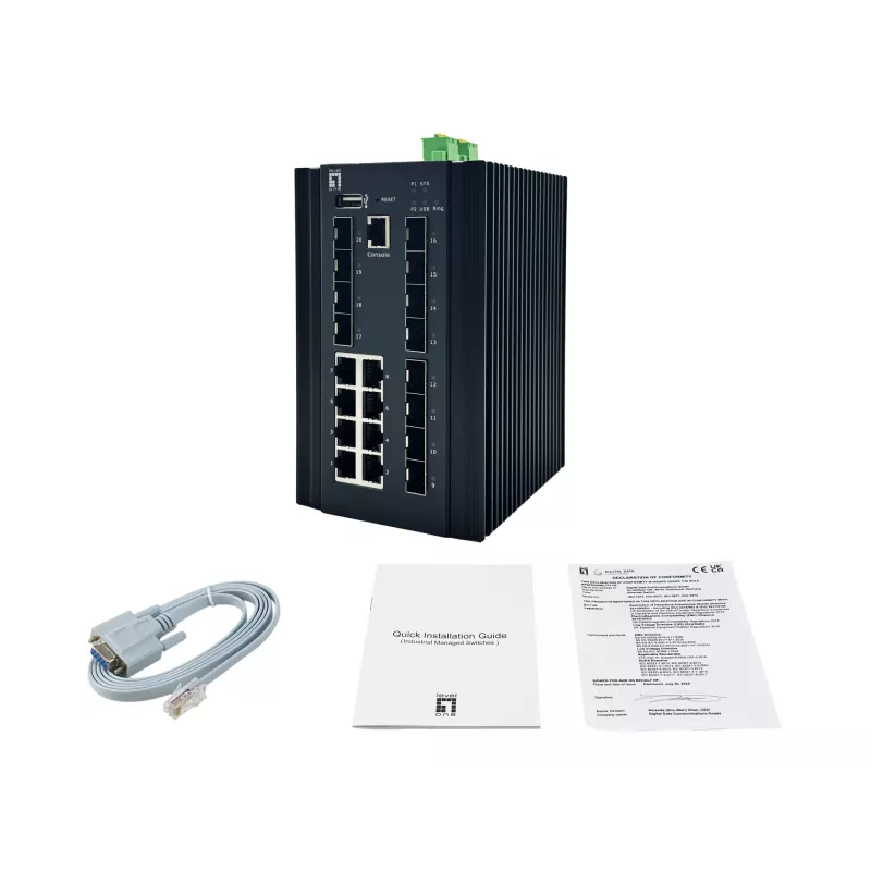 LevelOne IGX-2072 20 prievadų L2+ valdomas pramoninis jungiklis, 8 x 1GbE RJ45, 8 x 1GbE SFP, 4 x 1/2.5/10GbE SFP+, DIN bėgelis, -40°C iki 80°C