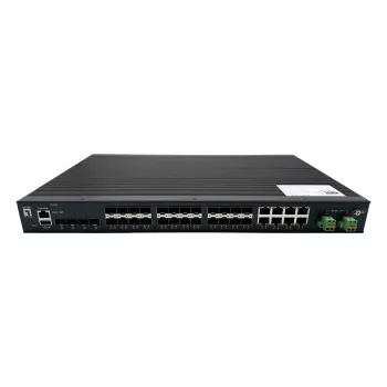 LevelOne IGU-2872 28 prievadų L2+ valdomas pramoninis gigabitinis jungiklis su 4x 1.25/2.5GbE SFP, 16x 1.25GbE SFP, 8x Gigabit SFP/RJ45 Combo, atsarginiu maitinimu, -40°C iki 80°C