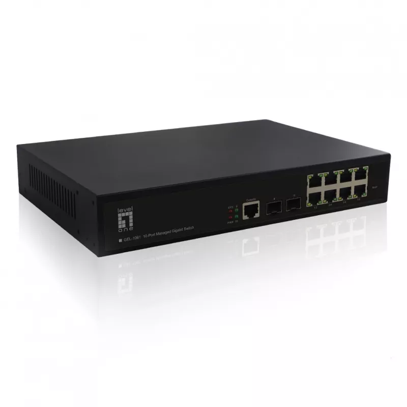 LevelOne KILBY 10-Port L2 valdomas Gigabit Ethernet jungiklis, 2x SFP, 8x RJ45, stelažinis montavimas