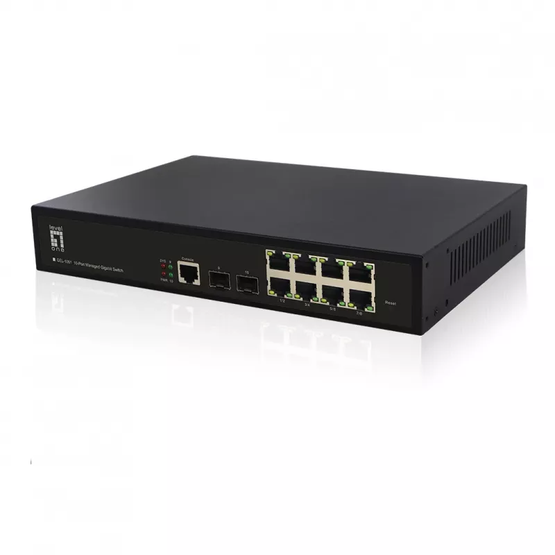 LevelOne KILBY 10-Port L2 valdomas Gigabit Ethernet jungiklis, 2x SFP, 8x RJ45, stelažinis montavimas