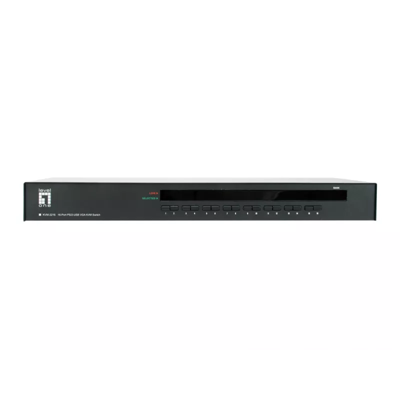 LevelOne KVM-3216 16 prievadų PS/2-USB VGA KVM jungiklis, 2048 x 1536 pikseliai, montavimas į stelažą, 1U, juoda