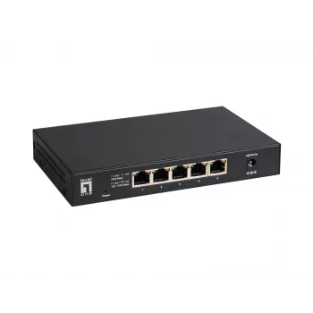 5 prievadų nevaldomas 2,5G eterneto jungiklis LEVELONE GEU-0525 — 5× 2,5G RJ-45, nevaldomas, 25 Gbit/s perjungimas, montuojamas ant sienos