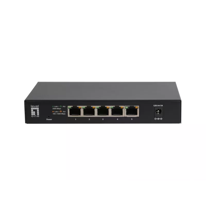 5 prievadų nevaldomas 2,5G eterneto jungiklis LEVELONE GEU-0525 — 5× 2,5G RJ-45, nevaldomas, 25 Gbit/s perjungimas, montuojamas ant sienos