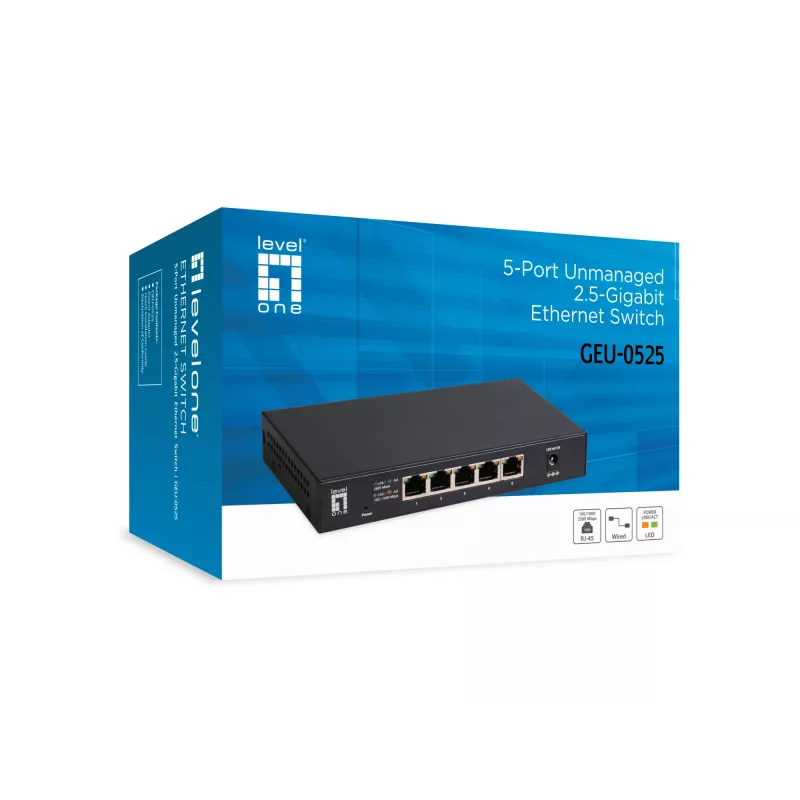 5 prievadų nevaldomas 2,5G eterneto jungiklis LEVELONE GEU-0525 — 5× 2,5G RJ-45, nevaldomas, 25 Gbit/s perjungimas, montuojamas ant sienos