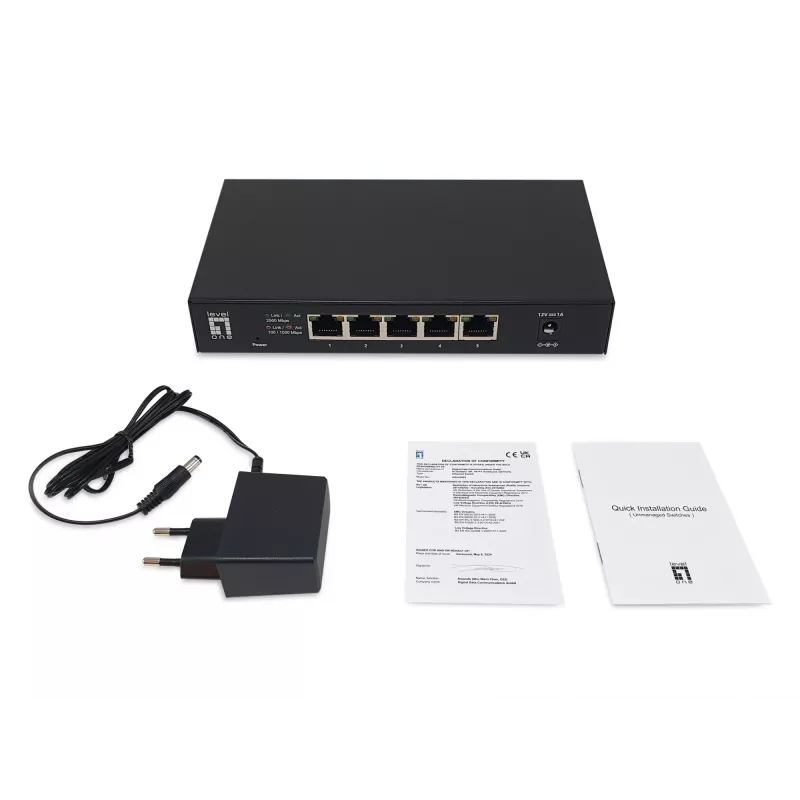 5 prievadų nevaldomas 2,5G eterneto jungiklis LEVELONE GEU-0525 — 5× 2,5G RJ-45, nevaldomas, 25 Gbit/s perjungimas, montuojamas ant sienos