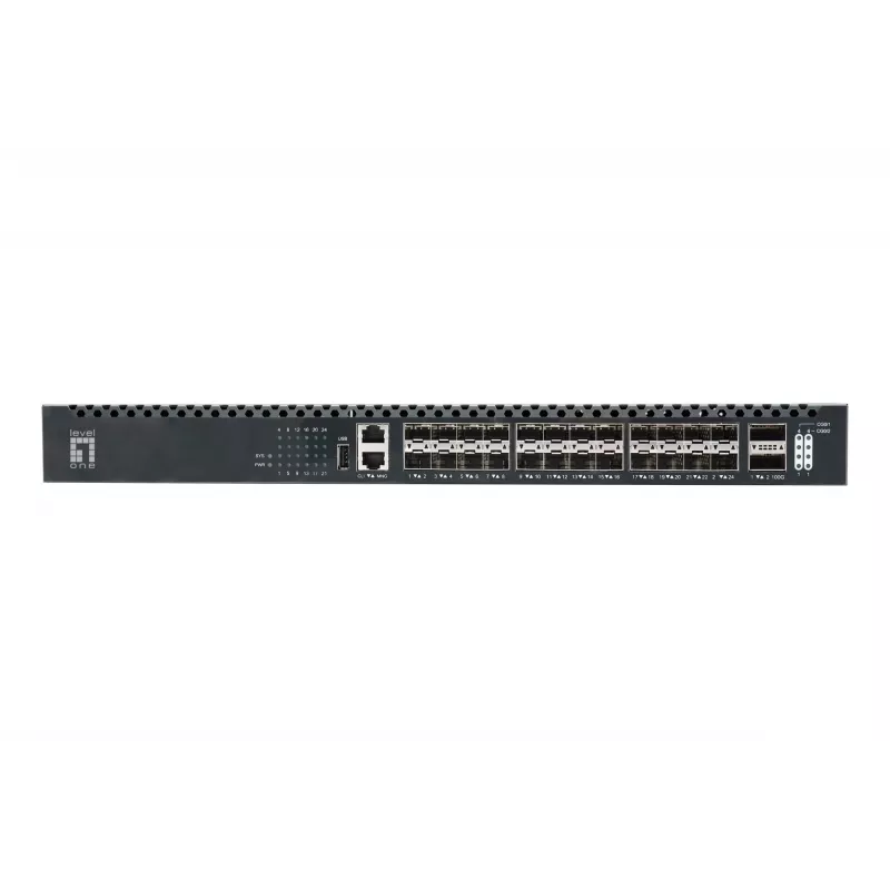 LevelOne XQS-3126 26 prievadų L3 valdomas TOR šviesolaidinis jungiklis, 24x 1/10GbE SFP+, 2x 40/100GbE QSFP28, karštai keičiamas perteklinis maitinimas