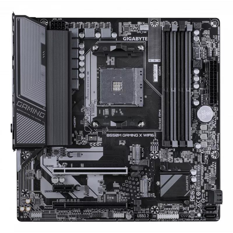 GIGABYTE B550M GAMING X WIFI6 pagrindinė plokštė – AMD Ryzen 5000, 5+3 fazių VRM, iki 3200MHz DDR4, PCIe 4.0 + PCIe 3.0 M.2, Wi-Fi 6, 1GbE LAN, USB 3.2 Gen 1