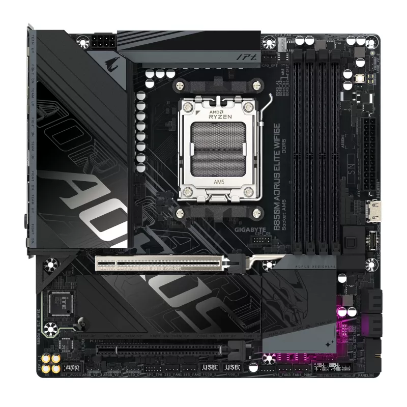 GIGABYTE B850M AORUS ELITE WIFI6E pagrindinė plokštė – AMD Ryzen 9000 serijos procesoriams, 12+2+2 fazių skaitmeninis VRM, iki 8200MHz DDR5 (OC), 1xPCIe 5.0 + 1xPCIe 4.0 M.2, WIFI 6E, 2.5GbE LAN, USB 3.2 Gen 2