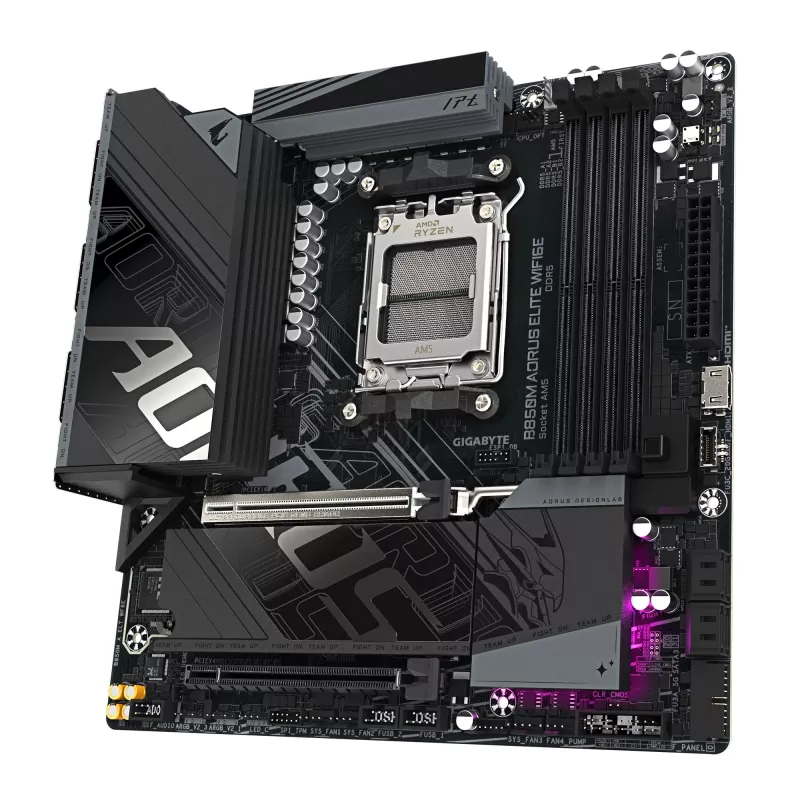 GIGABYTE B850M AORUS ELITE WIFI6E pagrindinė plokštė – AMD Ryzen 9000 serijos procesoriams, 12+2+2 fazių skaitmeninis VRM, iki 8200MHz DDR5 (OC), 1xPCIe 5.0 + 1xPCIe 4.0 M.2, WIFI 6E, 2.5GbE LAN, USB 3.2 Gen 2