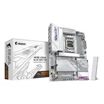 GIGABYTE X870E AORUS ELITE WIFI7 ICE pagrindinė plokštė – palaiko AMD Ryzen 9000 procesorius, 16+2+2 fazių skaitmeninis VRM, iki 8200Hz DDR5 (OC), 3xPCIe 5.0 + 1xPCIe 4.0, Wi-Fi 7, 2.5GbE LAN, USB 4