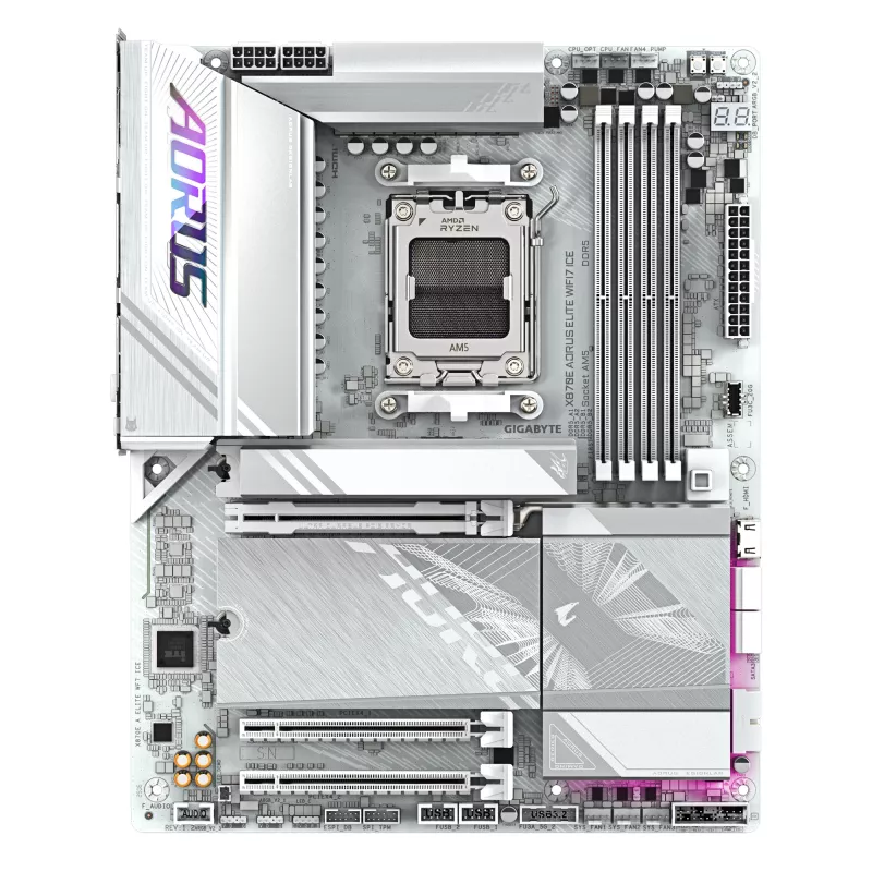GIGABYTE X870E AORUS ELITE WIFI7 ICE pagrindinė plokštė – palaiko AMD Ryzen 9000 procesorius, 16+2+2 fazių skaitmeninis VRM, iki 8200Hz DDR5 (OC), 3xPCIe 5.0 + 1xPCIe 4.0, Wi-Fi 7, 2.5GbE LAN, USB 4