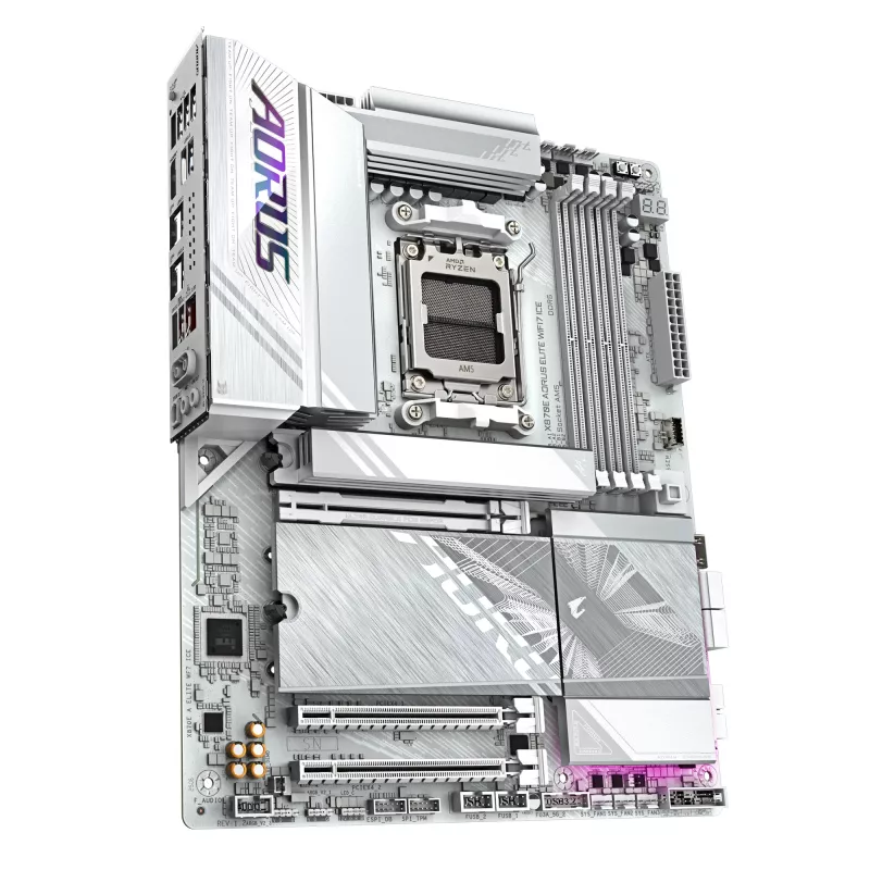 GIGABYTE X870E AORUS ELITE WIFI7 ICE pagrindinė plokštė – palaiko AMD Ryzen 9000 procesorius, 16+2+2 fazių skaitmeninis VRM, iki 8200Hz DDR5 (OC), 3xPCIe 5.0 + 1xPCIe 4.0, Wi-Fi 7, 2.5GbE LAN, USB 4