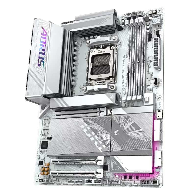 GIGABYTE X870E AORUS ELITE WIFI7 ICE pagrindinė plokštė – palaiko AMD Ryzen 9000 procesorius, 16+2+2 fazių skaitmeninis VRM, iki 8200Hz DDR5 (OC), 3xPCIe 5.0 + 1xPCIe 4.0, Wi-Fi 7, 2.5GbE LAN, USB 4