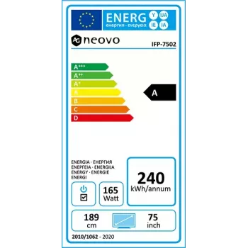 AG Neovo IFP-7502 interaktyvus plokščiasis ekranas 189,2 cm (74,5 colio) LCD Wi-Fi 350 cd/m² 4K Ultra HD juodas liečiamasis ekranas su įmontuotu procesoriumi Android 8.0