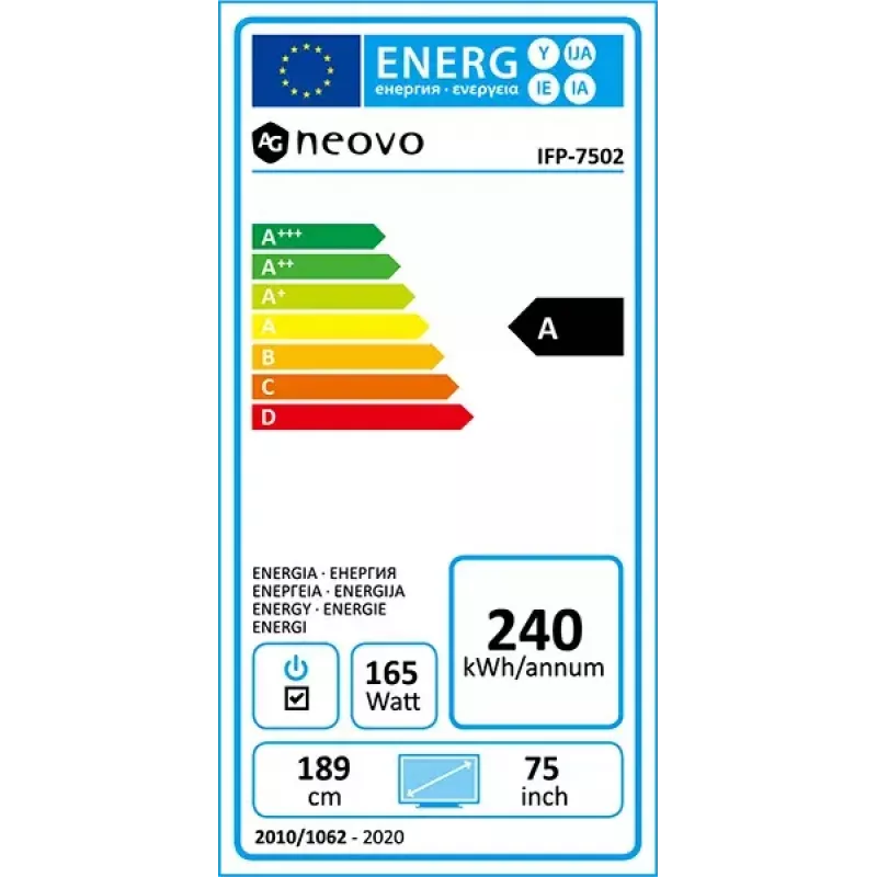 AG Neovo IFP-7502 interaktyvus plokščiasis ekranas 189,2 cm (74,5 colio) LCD Wi-Fi 350 cd/m² 4K Ultra HD juodas liečiamasis ekranas su įmontuotu procesoriumi Android 8.0