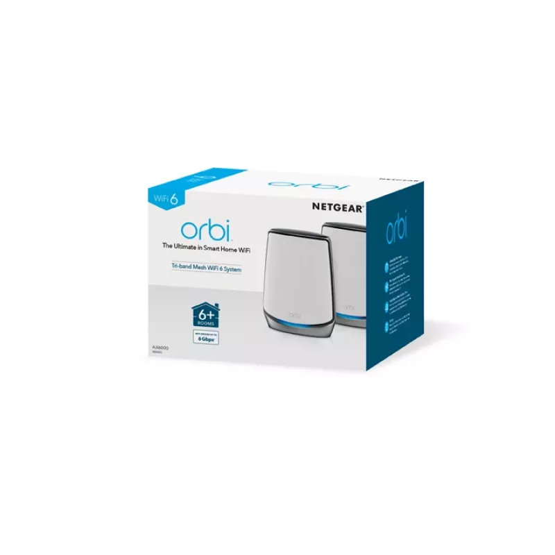 NETGEAR Orbi RBK852 AX6000 WiFi 6 tinklo sistema, trijų juostų (2,4 GHz / 5 GHz / 5 GHz), pilka/balta, 8 vidinės antenos