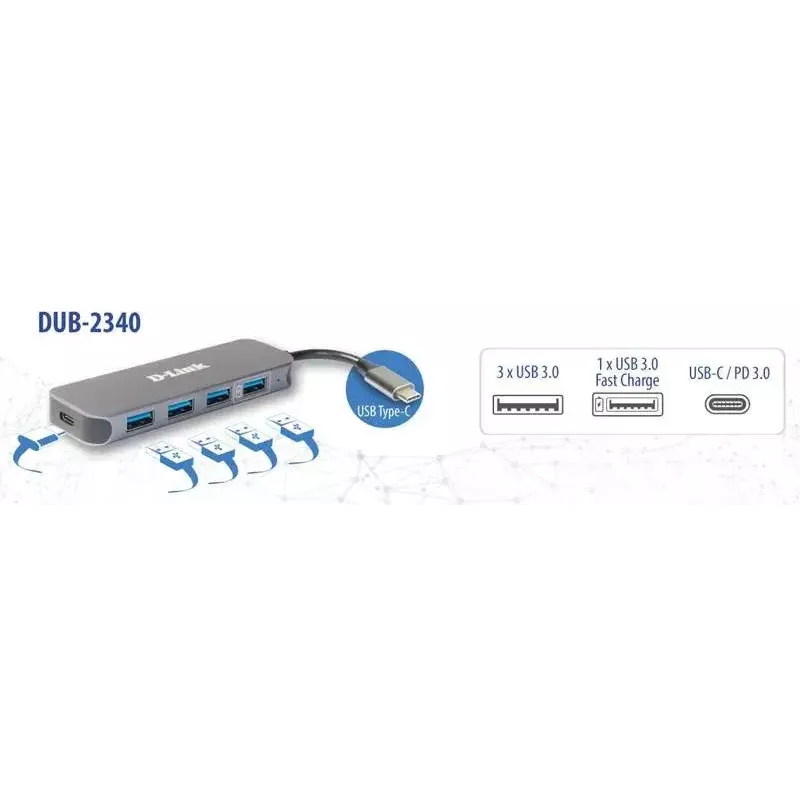USB šakotuvas D-Link DUB-2340 USB-C 4 prievadai USB 3.0 Power Delivery 60W