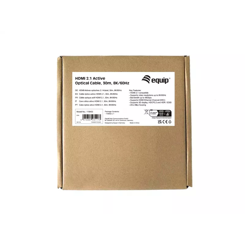 Equip HDMI 2.1 aktyvus optinis laidas, 30 m, 8K/60 Hz, juodas