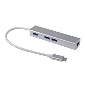 Equip USB-C į 3 prievadų USB 3.0 šakotuvas su Gigabit eterneto adapteriu, USB 3.2 Gen 1 (3.1 Gen 1) Type-C, sidabrinis, aliuminis
