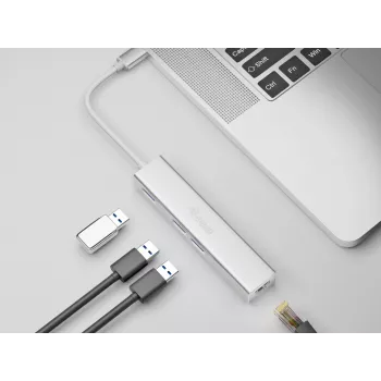 Equip USB-C į 3 prievadų USB 3.0 šakotuvas su Gigabit eterneto adapteriu, USB 3.2 Gen 1 (3.1 Gen 1) Type-C, sidabrinis, aliuminis