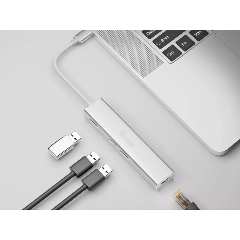 Equip USB-C į 3 prievadų USB 3.0 šakotuvas su Gigabit eterneto adapteriu, USB 3.2 Gen 1 (3.1 Gen 1) Type-C, sidabrinis, aliuminis