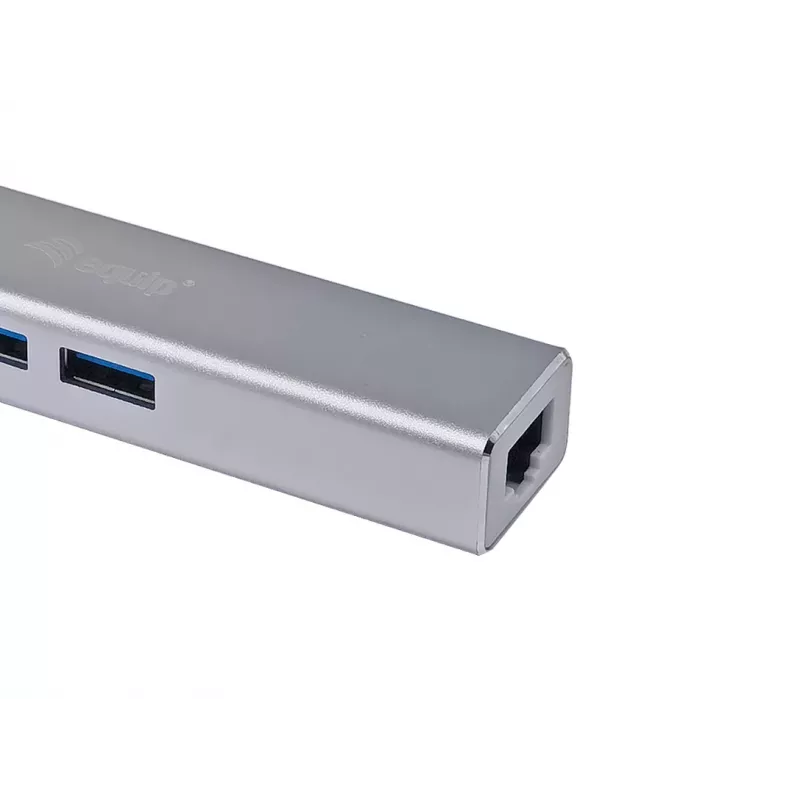 Equip USB-C į 3 prievadų USB 3.0 šakotuvas su Gigabit eterneto adapteriu, USB 3.2 Gen 1 (3.1 Gen 1) Type-C, sidabrinis, aliuminis
