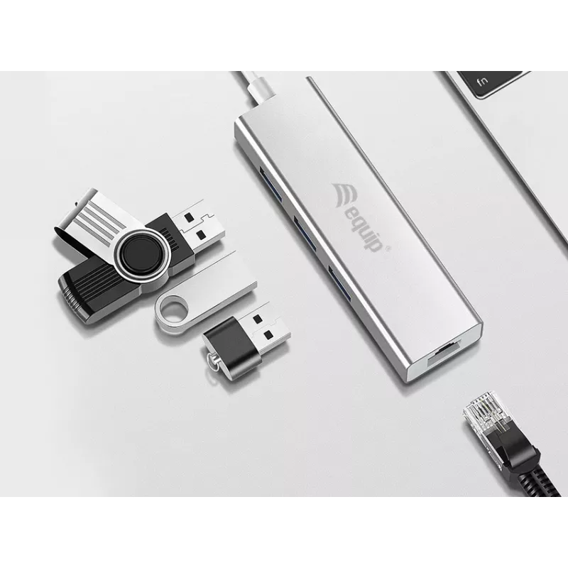 Equip USB-C į 3 prievadų USB 3.0 šakotuvas su Gigabit eterneto adapteriu, USB 3.2 Gen 1 (3.1 Gen 1) Type-C, sidabrinis, aliuminis