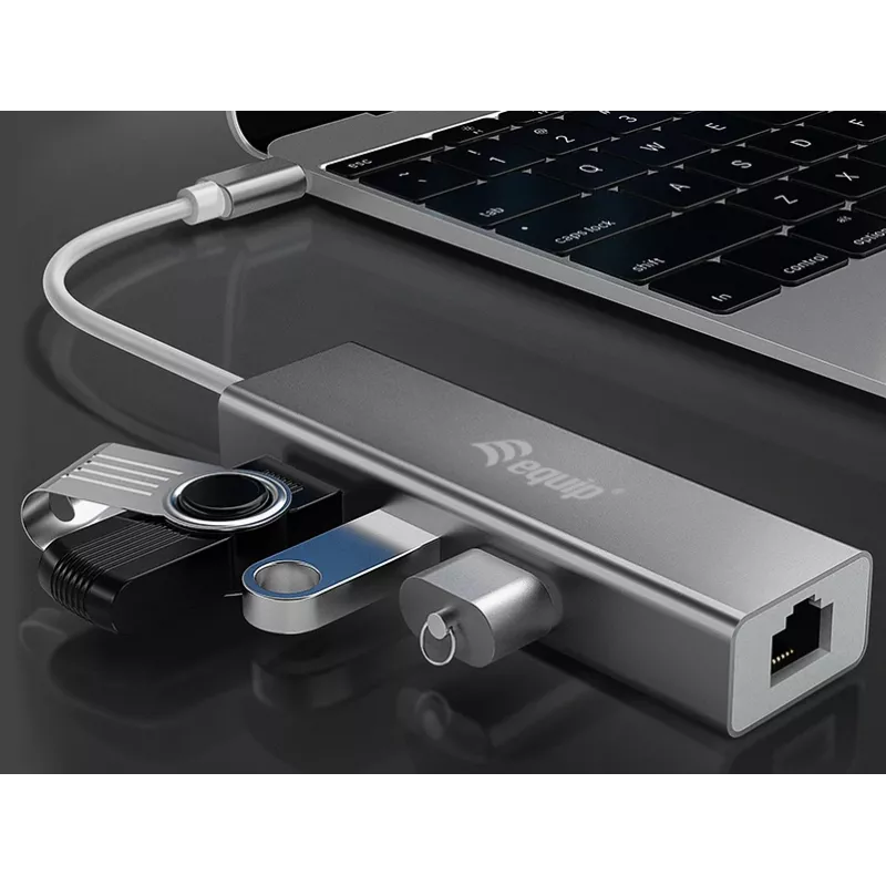Equip USB-C į 3 prievadų USB 3.0 šakotuvas su Gigabit eterneto adapteriu, USB 3.2 Gen 1 (3.1 Gen 1) Type-C, sidabrinis, aliuminis