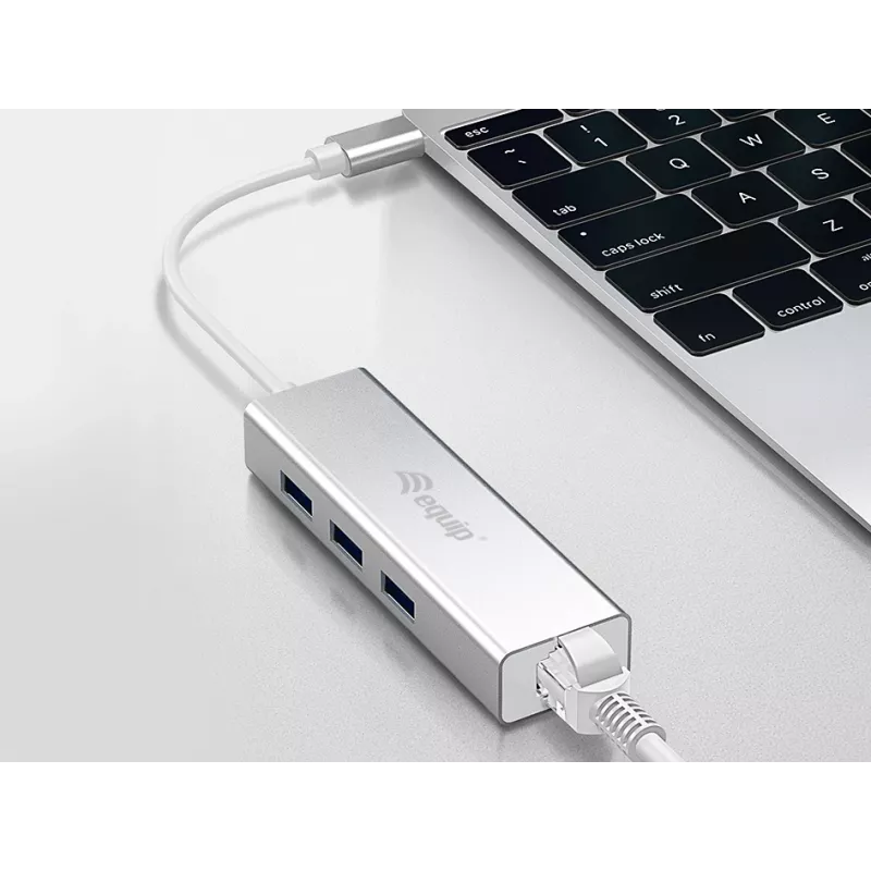 Equip USB-C į 3 prievadų USB 3.0 šakotuvas su Gigabit eterneto adapteriu, USB 3.2 Gen 1 (3.1 Gen 1) Type-C, sidabrinis, aliuminis
