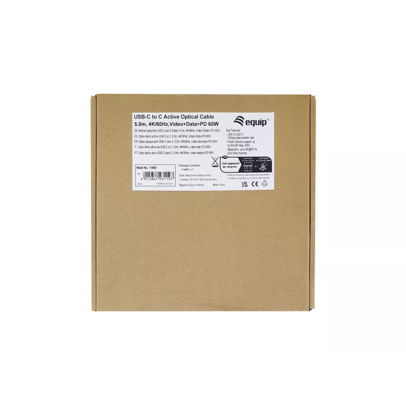 Equip USB-C į C aktyvus optinis laidas, M/M, 5,0 m, PD 60W, 4K/60Hz, 10Gbps, Vaizdas+Duomenys+PD