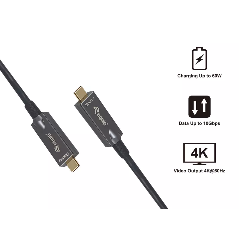 Equip USB-C į USB-C aktyvus optinis laidas, M/M, 15m, PD 60W, 4K/60Hz, 10Gbps, vaizdas+duomenys+įkrovimas