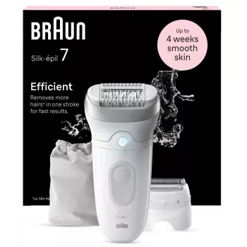 Epiliatorius BRAUN Silk-épil 7 7-041 – belaidis šlapias/sausas epiliatorius su MicroGrip, masažu, skutimo antgaliu ir bikini trimeriu, pilkas/baltas