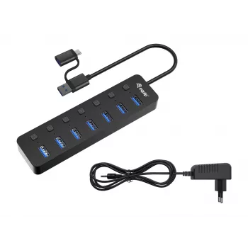 USB mazgas Equip 7 prievadų USB 3.2 Gen 1 su maitinimo adapteriu
