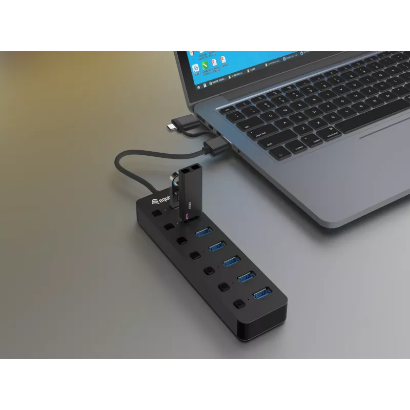 USB mazgas Equip 7 prievadų USB 3.2 Gen 1 su maitinimo adapteriu