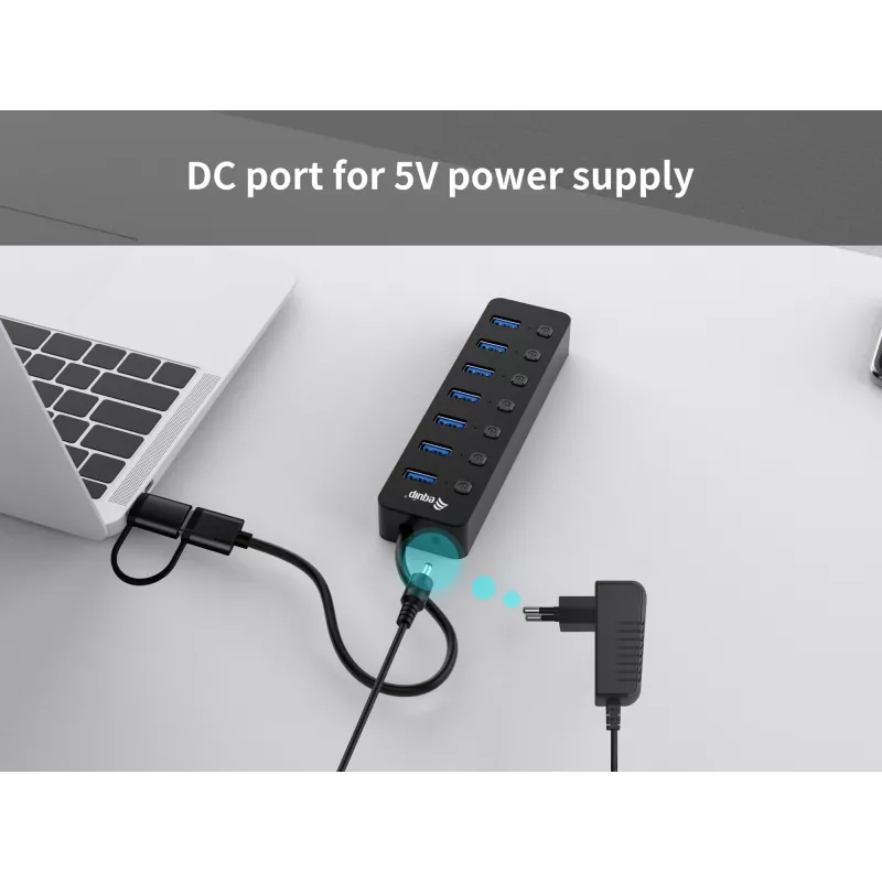 USB mazgas Equip 7 prievadų USB 3.2 Gen 1 su maitinimo adapteriu