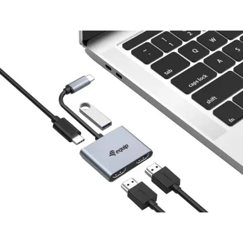 Equip USB-C 4 in 1 Dual HDMI adapteris, USB 3.2 Gen 1 (3.1 Gen 1) Type-C, sidabrinis, 4K Ultra HD, 30 Hz, HDMI, aliuminis