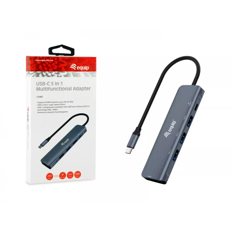 Equip USB-C 5 viename universalus adapteris, HDMI, USB 3.2 GEN1, 100W USB PD