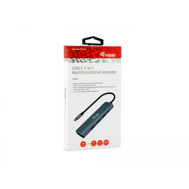 Equip USB-C 5 viename universalus adapteris, HDMI, USB 3.2 GEN1, 100W USB PD
