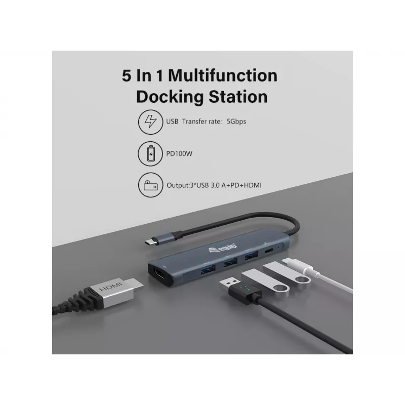 Equip USB-C 5 viename universalus adapteris, HDMI, USB 3.2 GEN1, 100W USB PD