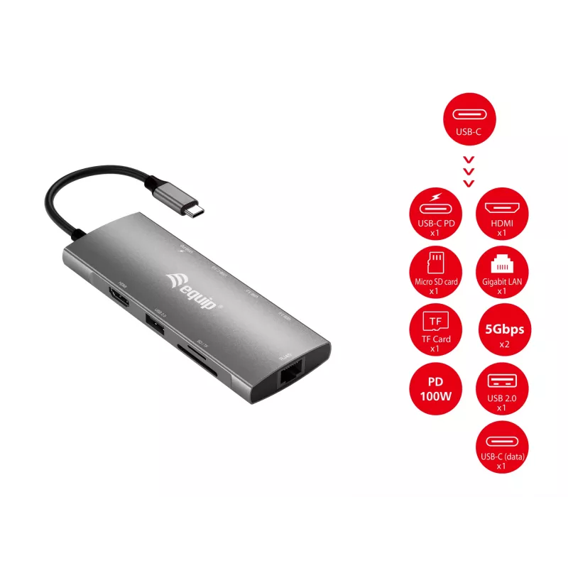 Equip USB-C 9 in 1 daugiafunkcis adapteris, HDMI 4K/60Hz, Gigabit LAN, USB 3.2 GEN1, SD/TF, 100W USB PD