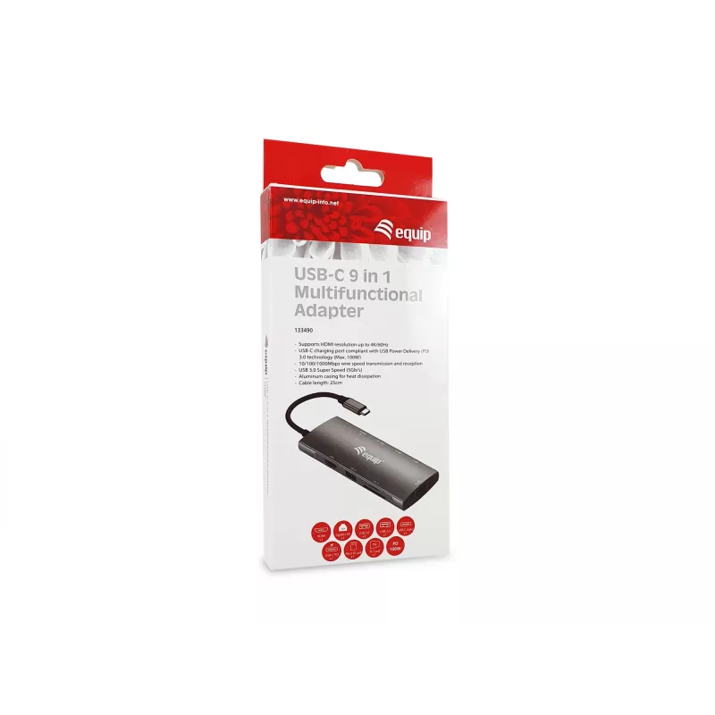 Equip USB-C 9 in 1 daugiafunkcis adapteris, HDMI 4K/60Hz, Gigabit LAN, USB 3.2 GEN1, SD/TF, 100W USB PD