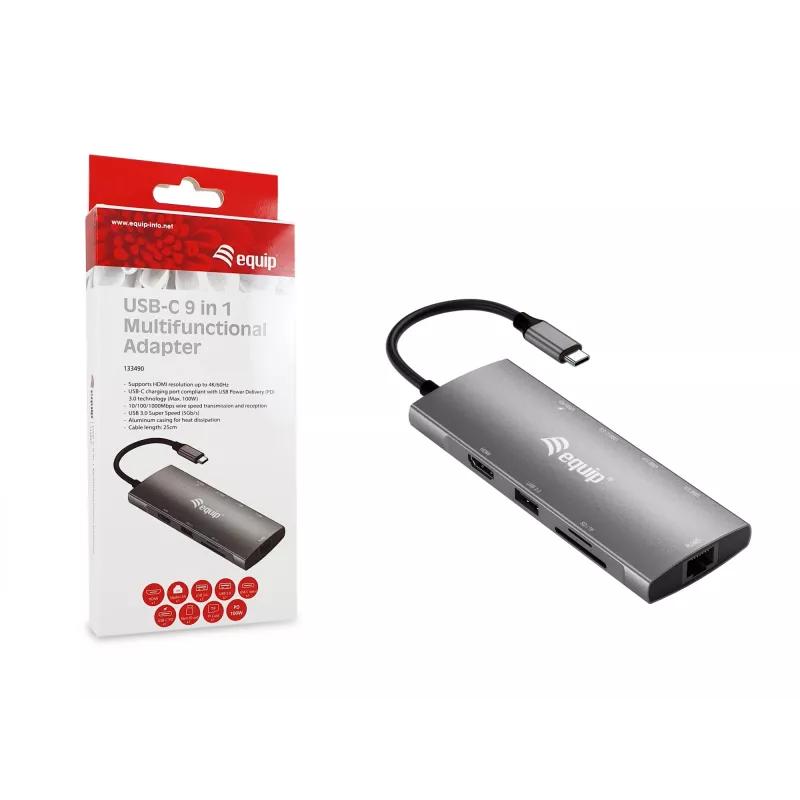 Equip USB-C 9 in 1 daugiafunkcis adapteris, HDMI 4K/60Hz, Gigabit LAN, USB 3.2 GEN1, SD/TF, 100W USB PD