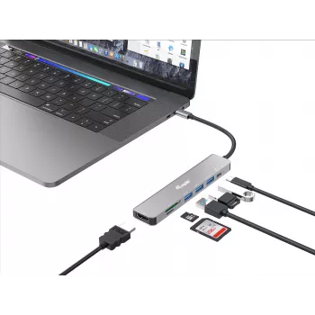 Equip USB-C 7 viename universalus adapteris, HDMI 4K/60Hz, USB 3.2 Gen1 x 3, TF/Micro SD, 100W USB PD