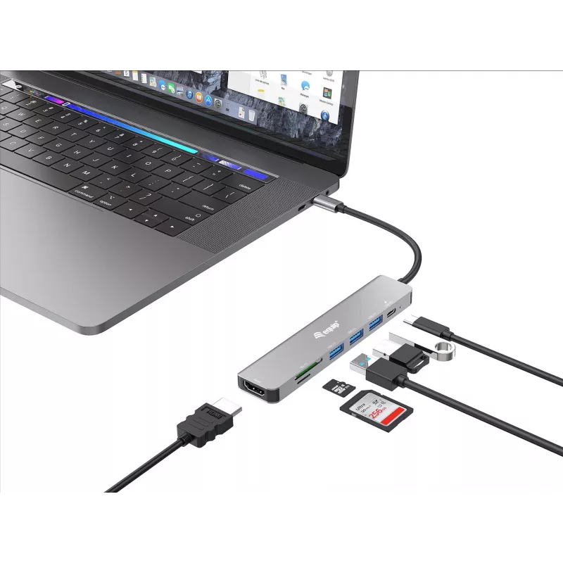 Equip USB-C 7 viename universalus adapteris, HDMI 4K/60Hz, USB 3.2 Gen1 x 3, TF/Micro SD, 100W USB PD