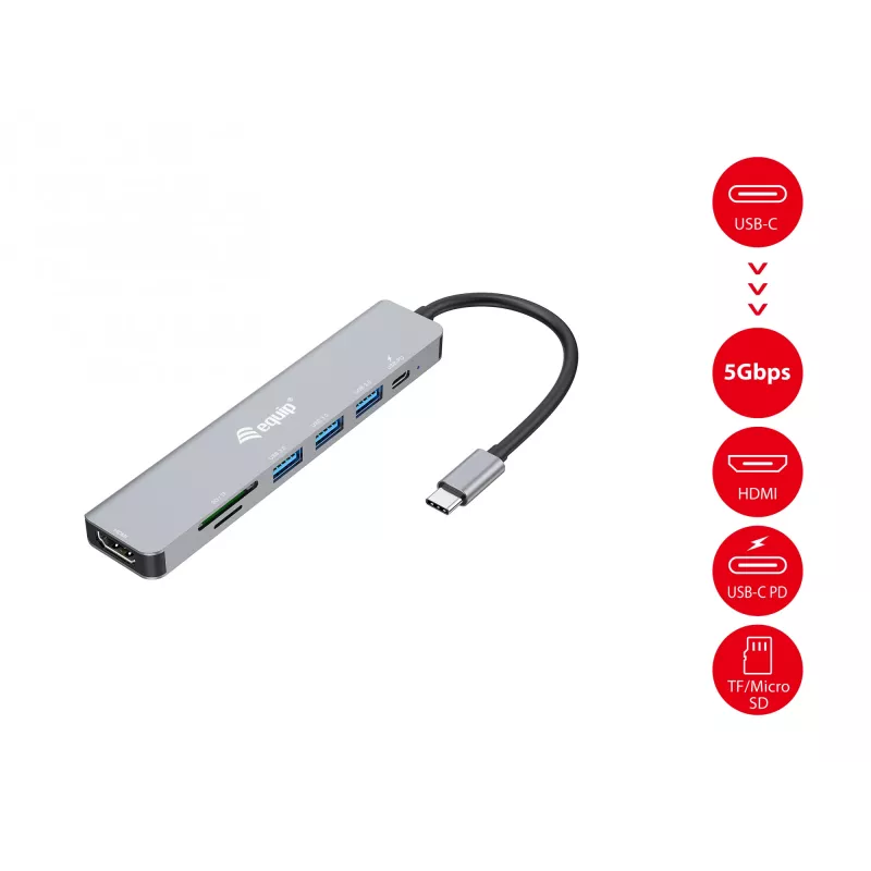 Equip USB-C 7 viename universalus adapteris, HDMI 4K/60Hz, USB 3.2 Gen1 x 3, TF/Micro SD, 100W USB PD