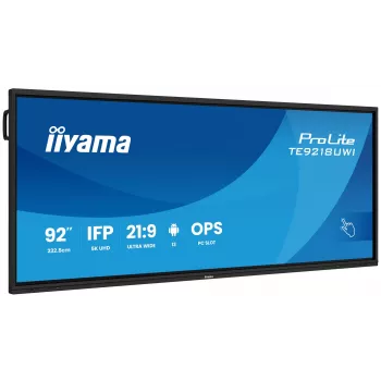 iiyama TE9218UWI-B1AG interaktyvus ekranas su stovu 2,32 m (91,5 colio) LED Wi-Fi 500 cd/m² 5K Ultra HD juodas liečiamas ekranas su integruotu procesoriumi Android 16/7