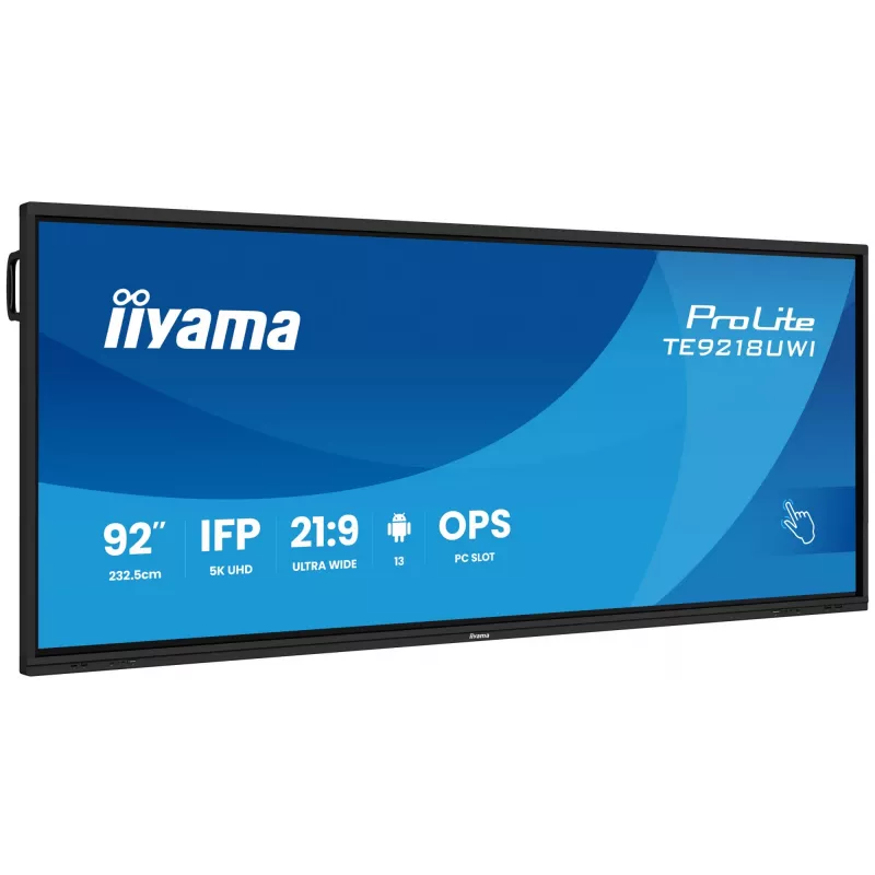 iiyama TE9218UWI-B1AG interaktyvus ekranas su stovu 2,32 m (91,5 colio) LED Wi-Fi 500 cd/m² 5K Ultra HD juodas liečiamas ekranas su integruotu procesoriumi Android 16/7
