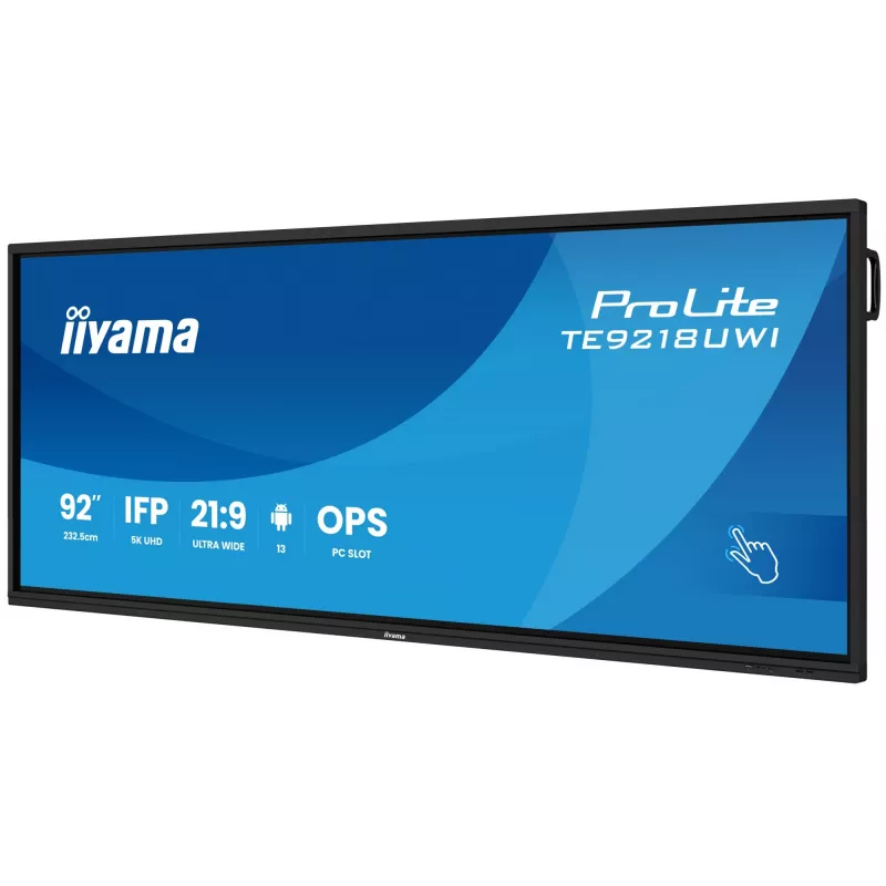 iiyama TE9218UWI-B1AG interaktyvus ekranas su stovu 2,32 m (91,5 colio) LED Wi-Fi 500 cd/m² 5K Ultra HD juodas liečiamas ekranas su integruotu procesoriumi Android 16/7