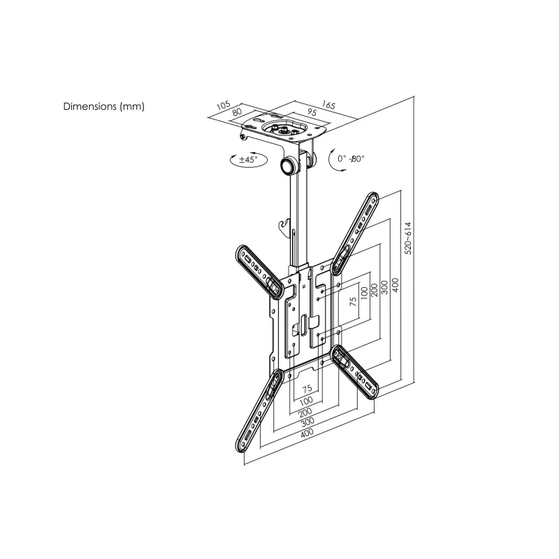 Lubinis TV laikiklis Equip 23-55 colių, VESA 75x75–400x400 mm, pasukamas 0-80°, sukamas -45-45°, juodas